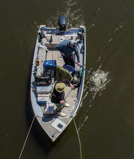 Boat fishermen anchor up in the path of migrating shad
